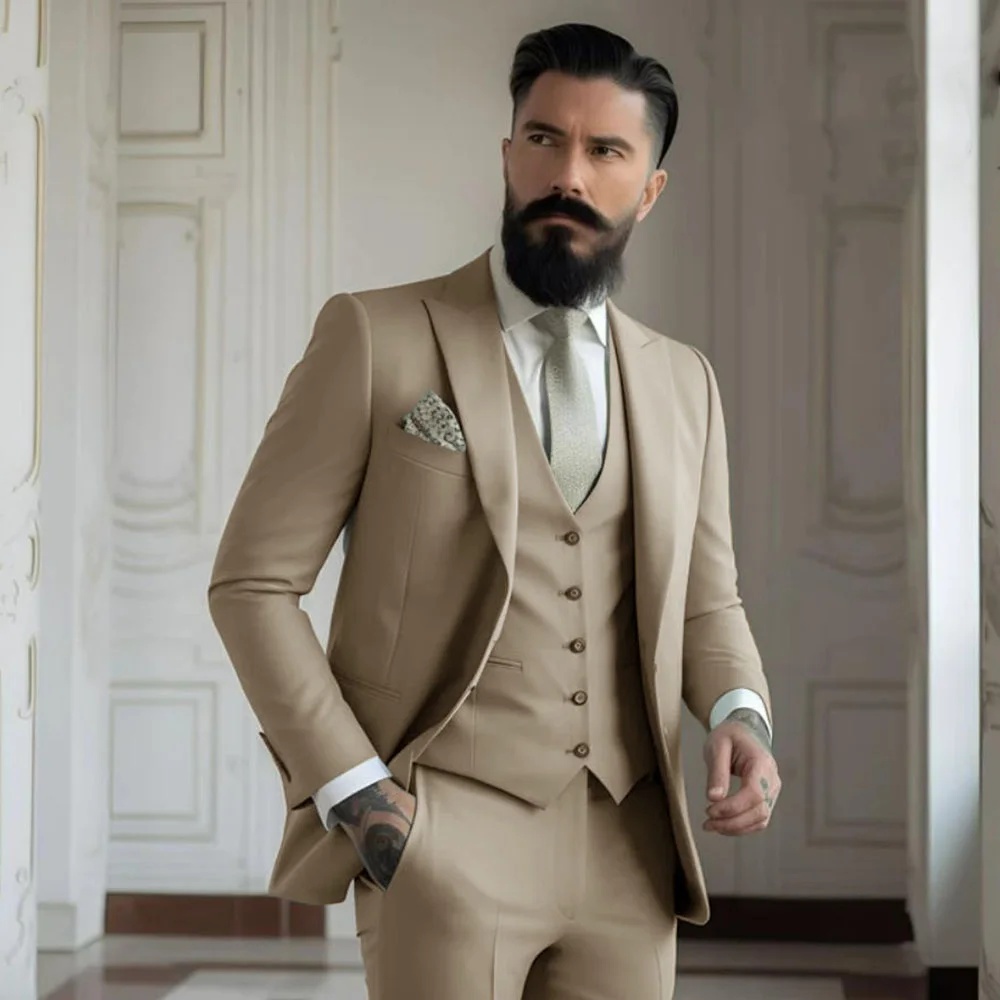 Men Formal Wear Jacket - 3 Parçalı Haki Takım Elbise Erkek