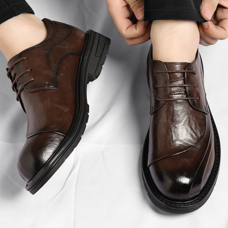Men'S Formal Wear In Wedding - Kahverengi Parlatılmış Hakiki Deri Bağcıklı Kalın