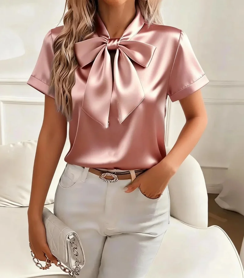 Satin Bow Tie - Şık Kadın Saten Fiyonklu Kısa Kollu
