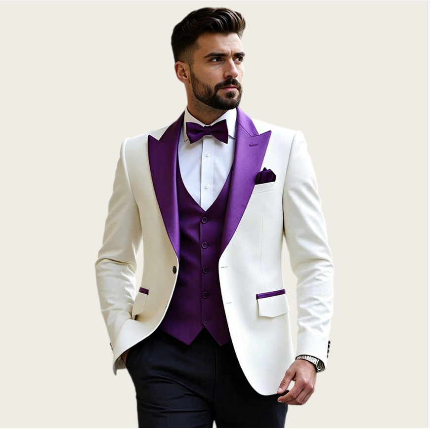 Men Formal Wear Jacket - Beyaz Erkek Takım Elbise, 3 Parçalı,