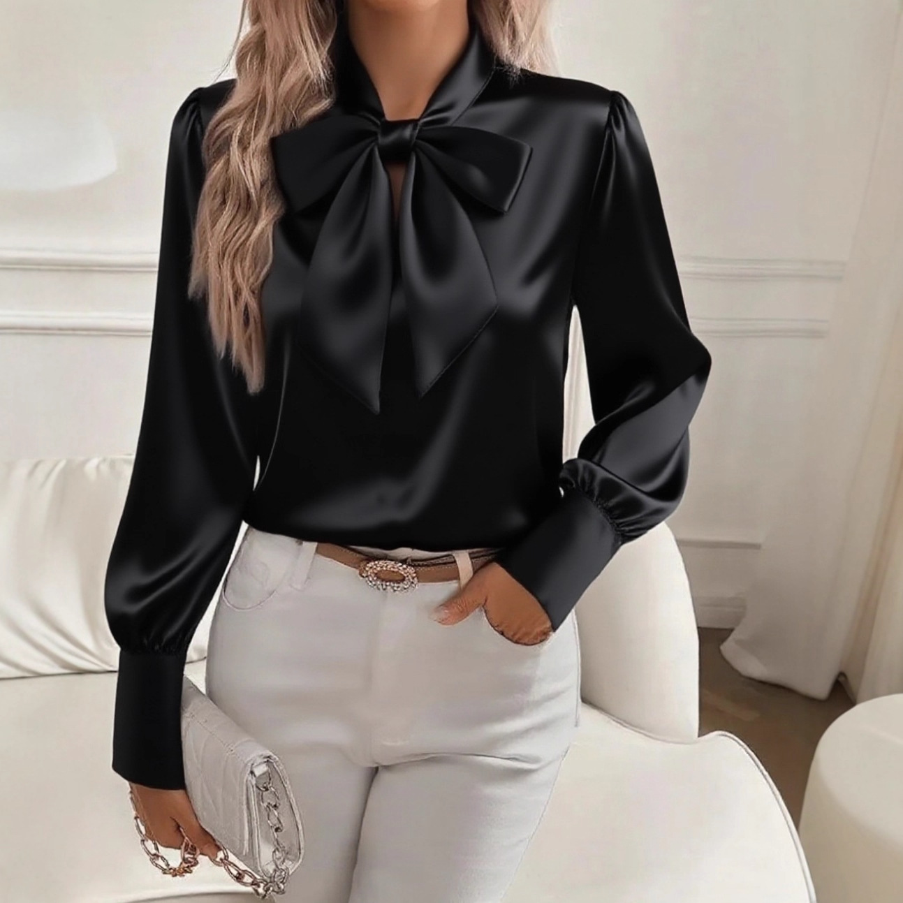 Fiyonklu Yaka Saten Bluz, Uzun - Satin Bow Tie incelemesi ve fiyatı